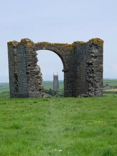 Looking through The Warren Tower, to the church at Stoke